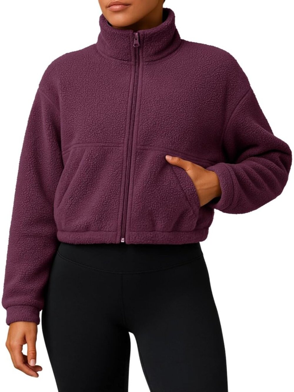 Women’s Burgundy Cropped Full ZIP Cozy Warm Casual Coat Sherpa Fleece Jacket